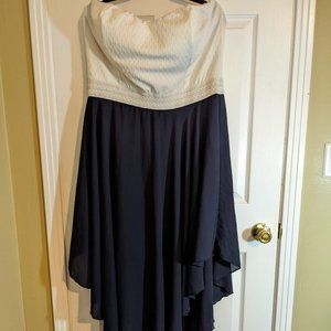 CURE Strapless Halter Ivory & Navy Blue Handkerchief Dress - size 2XL